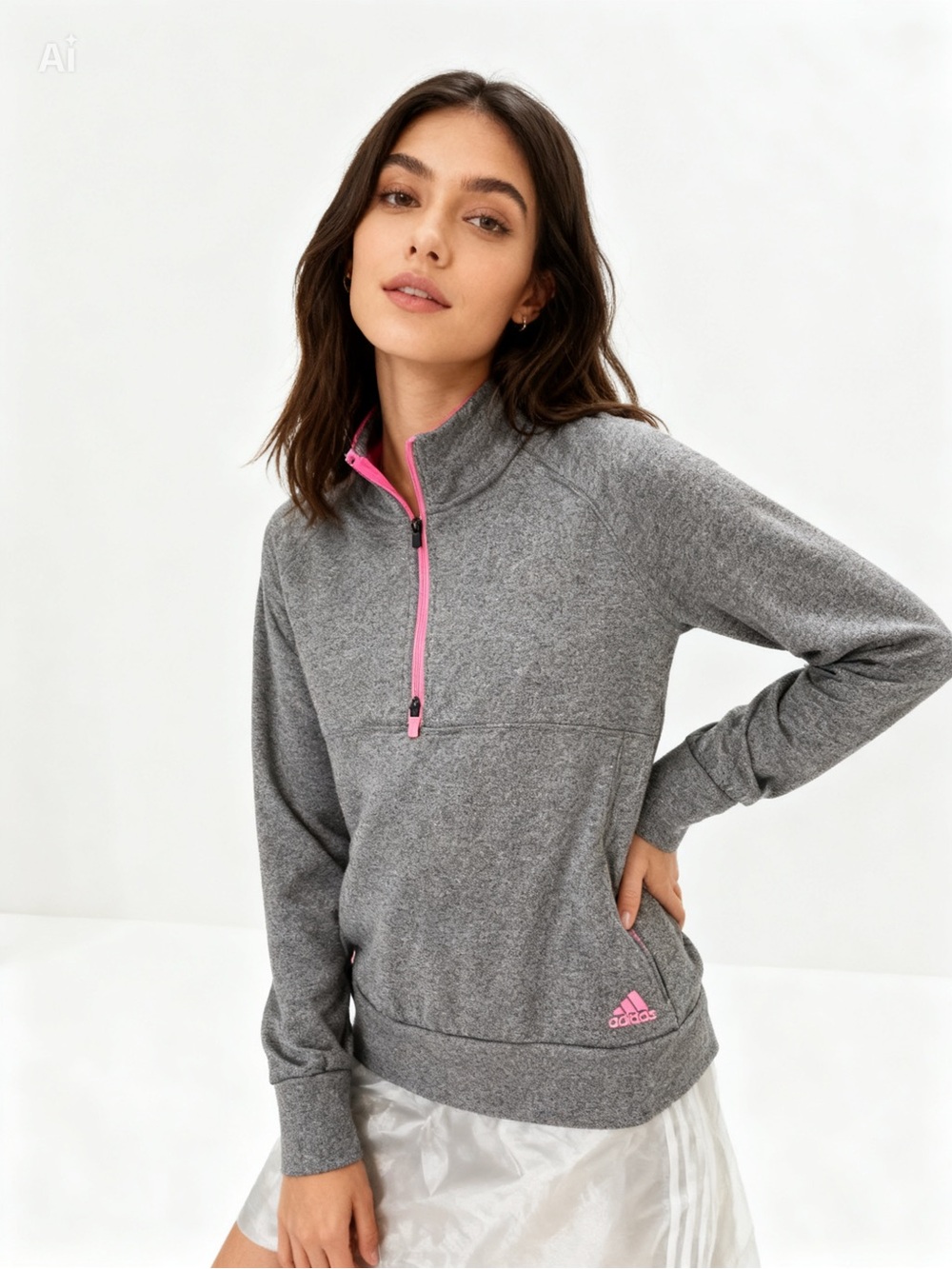 adidas Gray Pullover Quarter-Zip Sweater with Pink Trim